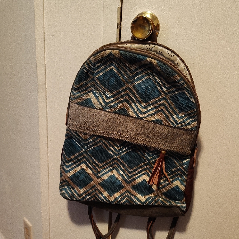 Myra Bag Geometric Backpack - Blue and Brown